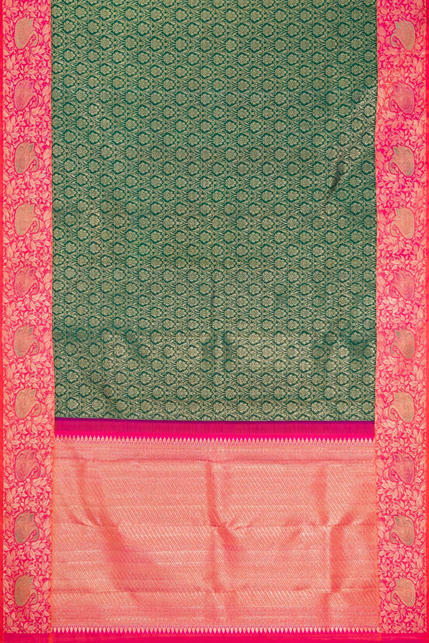 Flat view of Bottle Green Dual Tone Kanchipuram Silk Saree with Zari Brocade on the body and Fancy Border. 