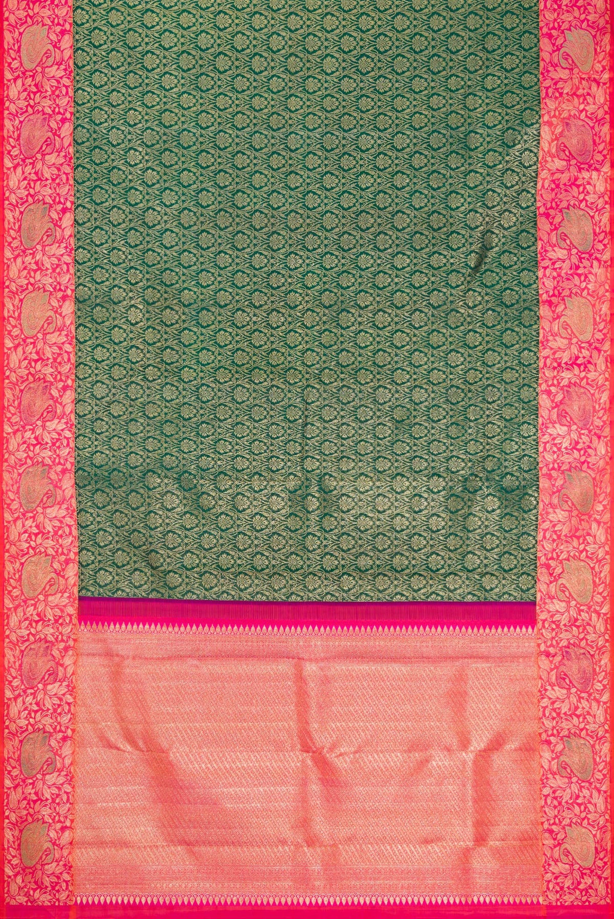 Flat view of Bottle Green Dual Tone Kanchipuram Silk Saree with Zari Brocade on the body and Fancy Border. 