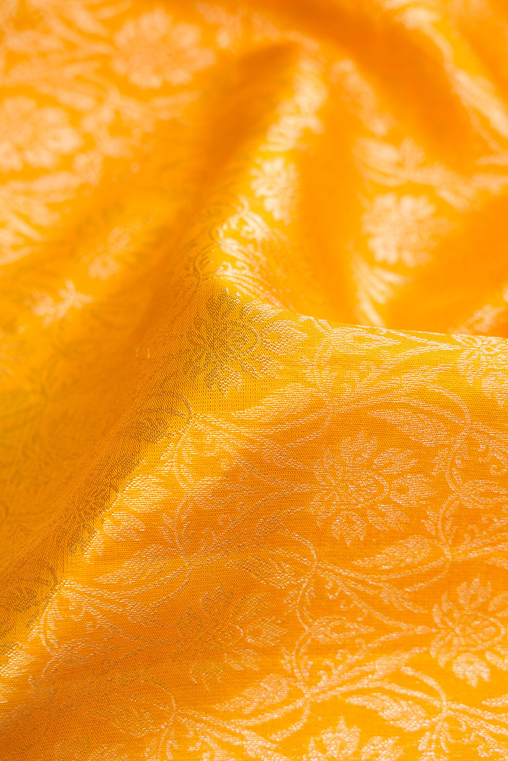 Close up of Mustard Dual Tone Kanchipuram Silk Saree with Zari Brocade on the body and Zari Border.  displaying folds