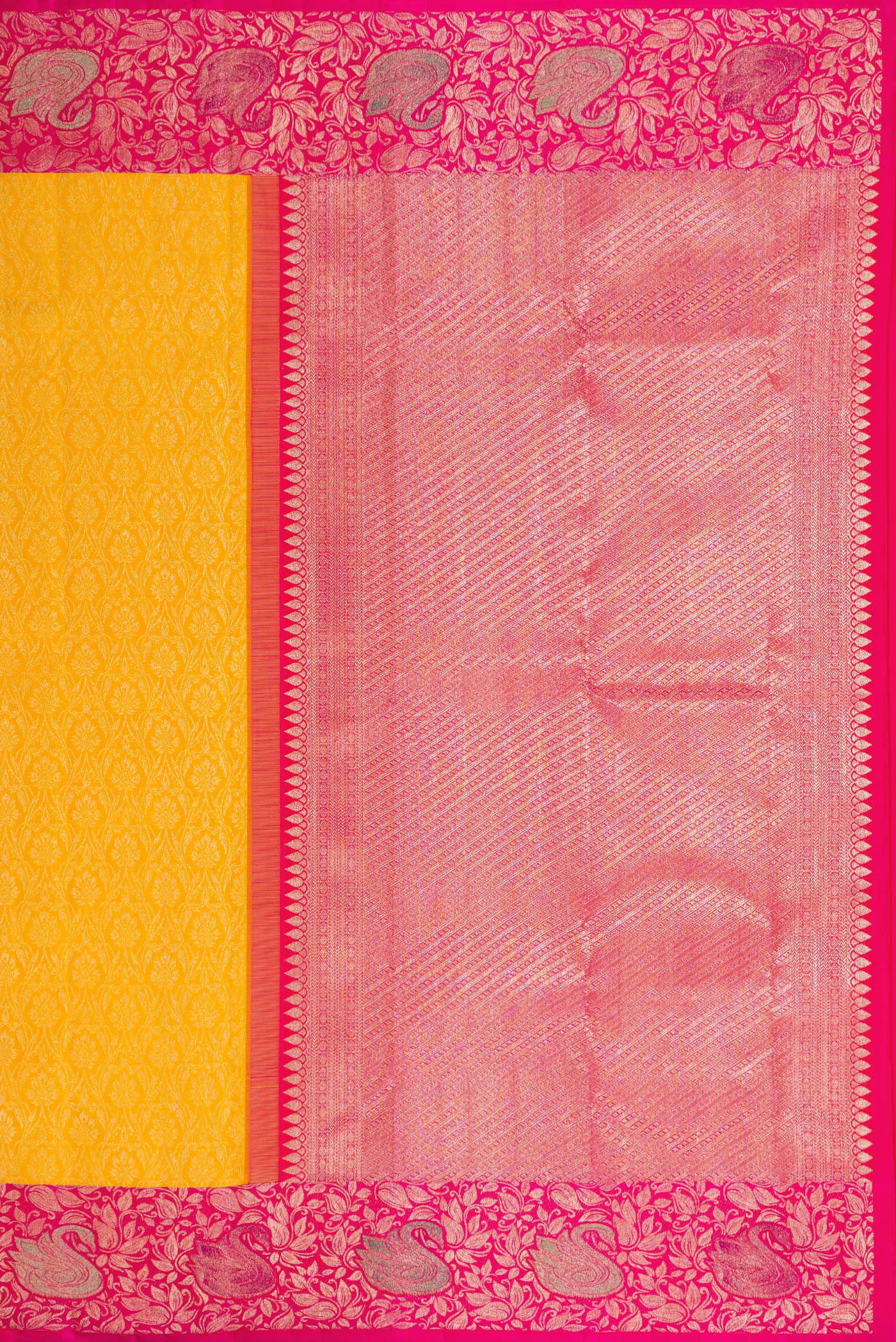 Close up image of the pallu of Mustard Dual Tone Kanchipuram Silk Saree with Zari Brocade on the body and Zari Border. 