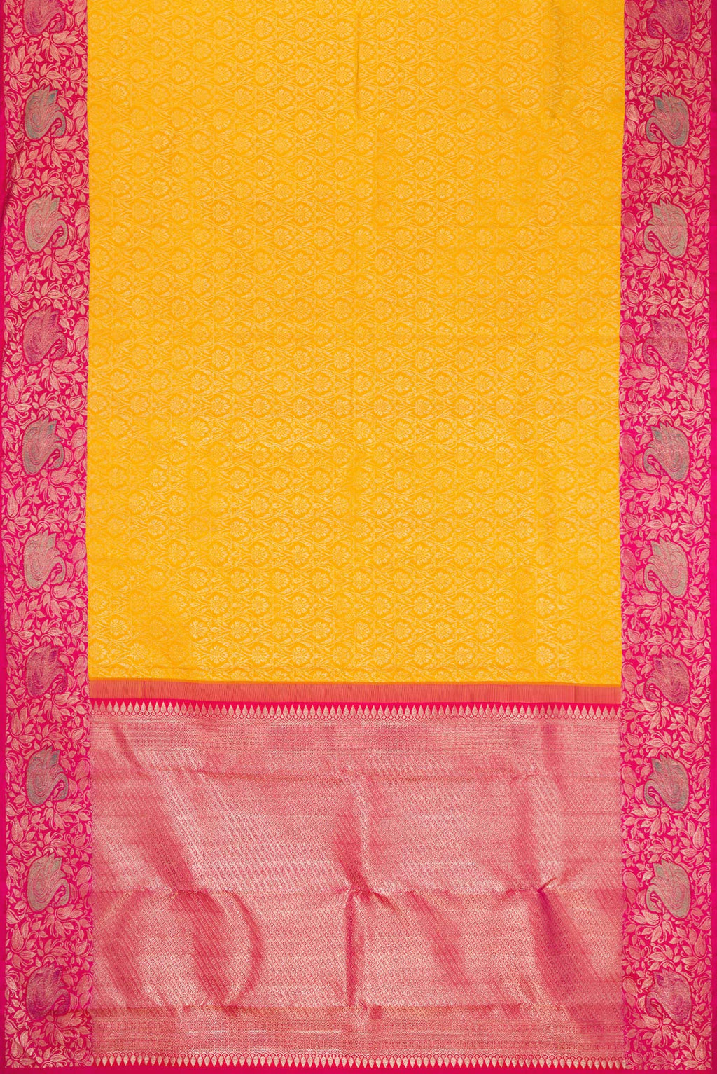 Flat view of Mustard Dual Tone Kanchipuram Silk Saree with Zari Brocade on the body and Zari Border. 