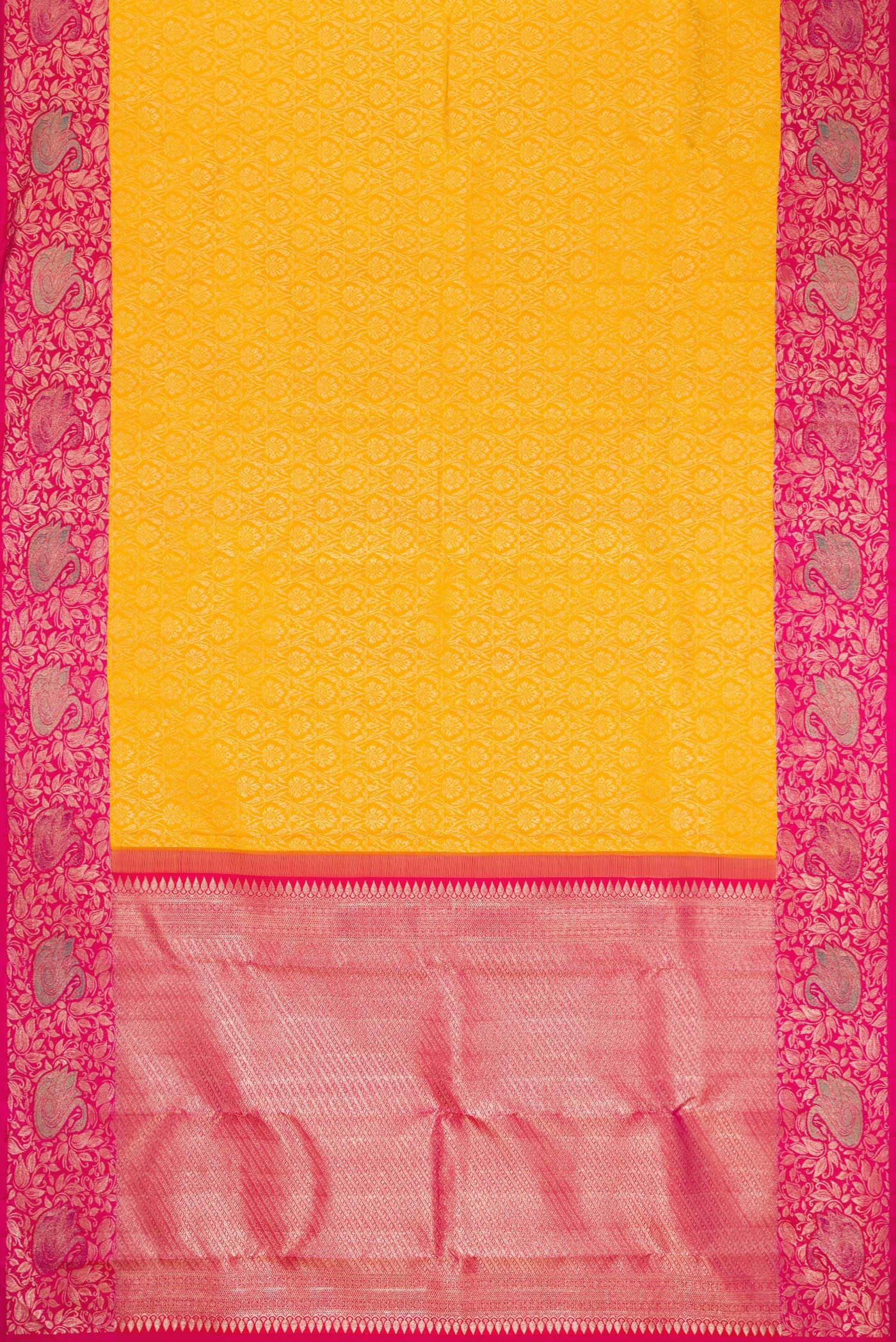 Flat view of Mustard Dual Tone Kanchipuram Silk Saree with Zari Brocade on the body and Zari Border. 