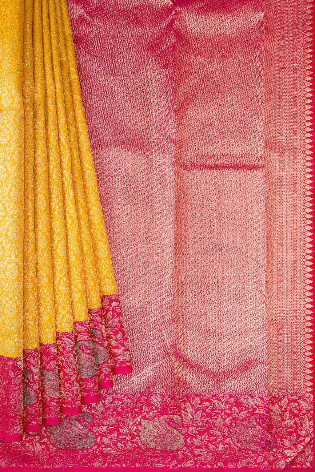 Pleats and pallu of Mustard Dual Tone Kanchipuram Silk Saree with Zari Brocade on the body and Zari Border. 