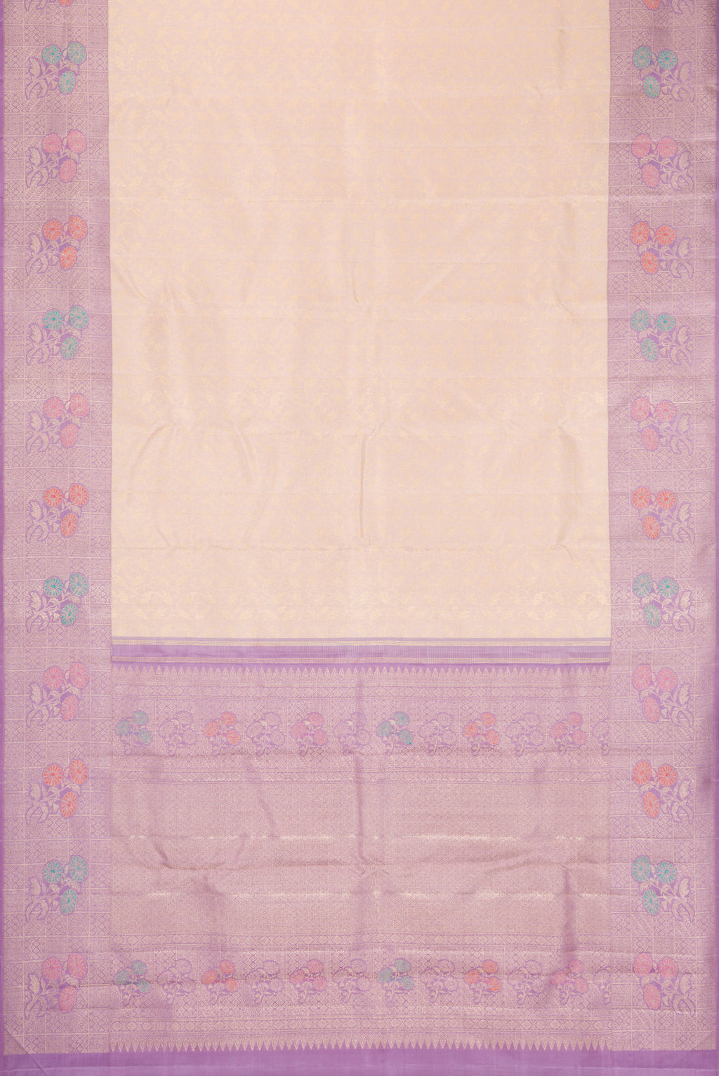 Flat view of Golden Peach Dual Tone Kanchipuram Silk Saree with Zari Brocade on the body and Fancy Border. 