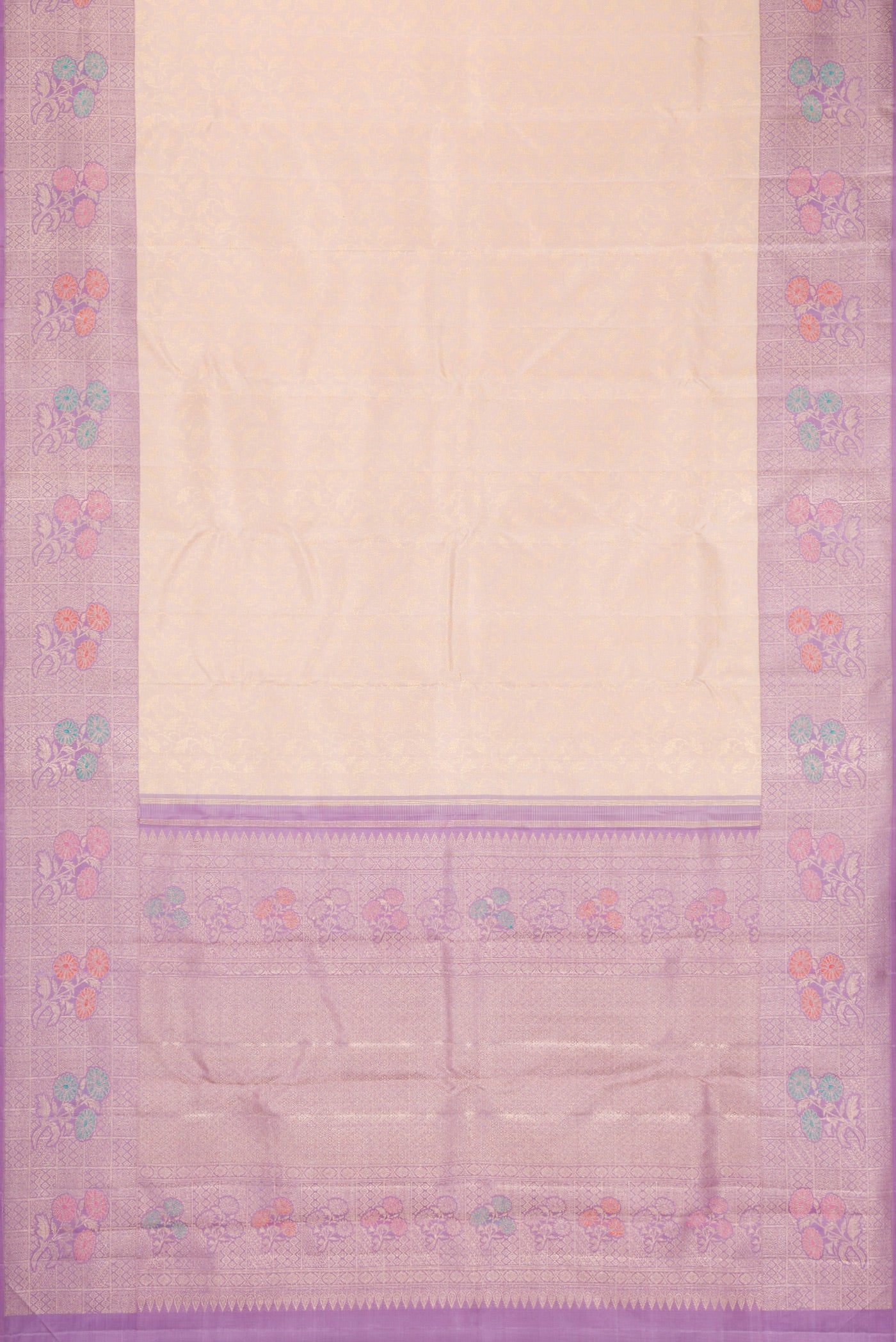 Flat view of Golden Peach Dual Tone Kanchipuram Silk Saree with Zari Brocade on the body and Fancy Border. 