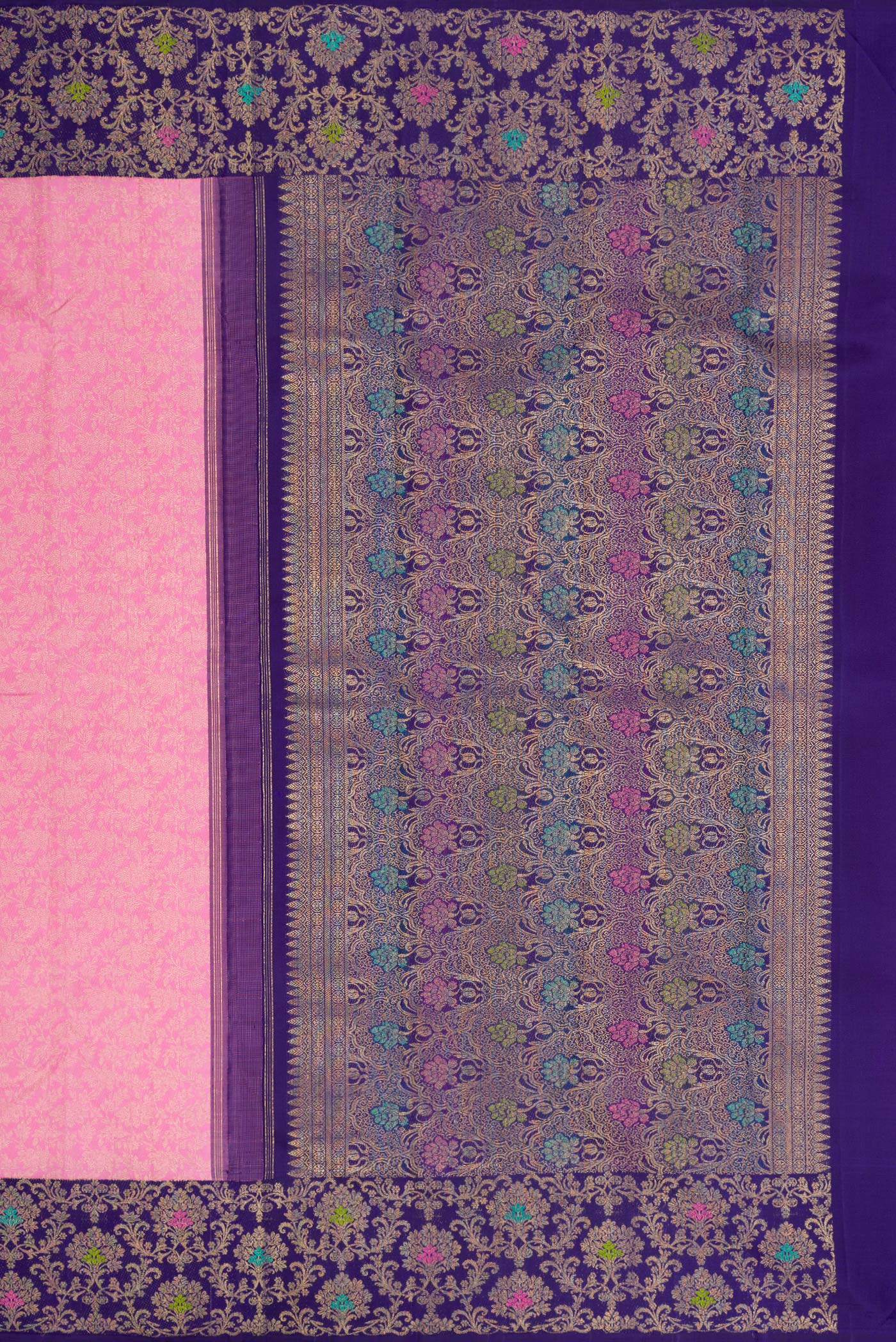 Close up image of the pallu of Pink Dual Tone Kanchipuram Silk Saree with Zari Brocade on the body and Zari Border. 