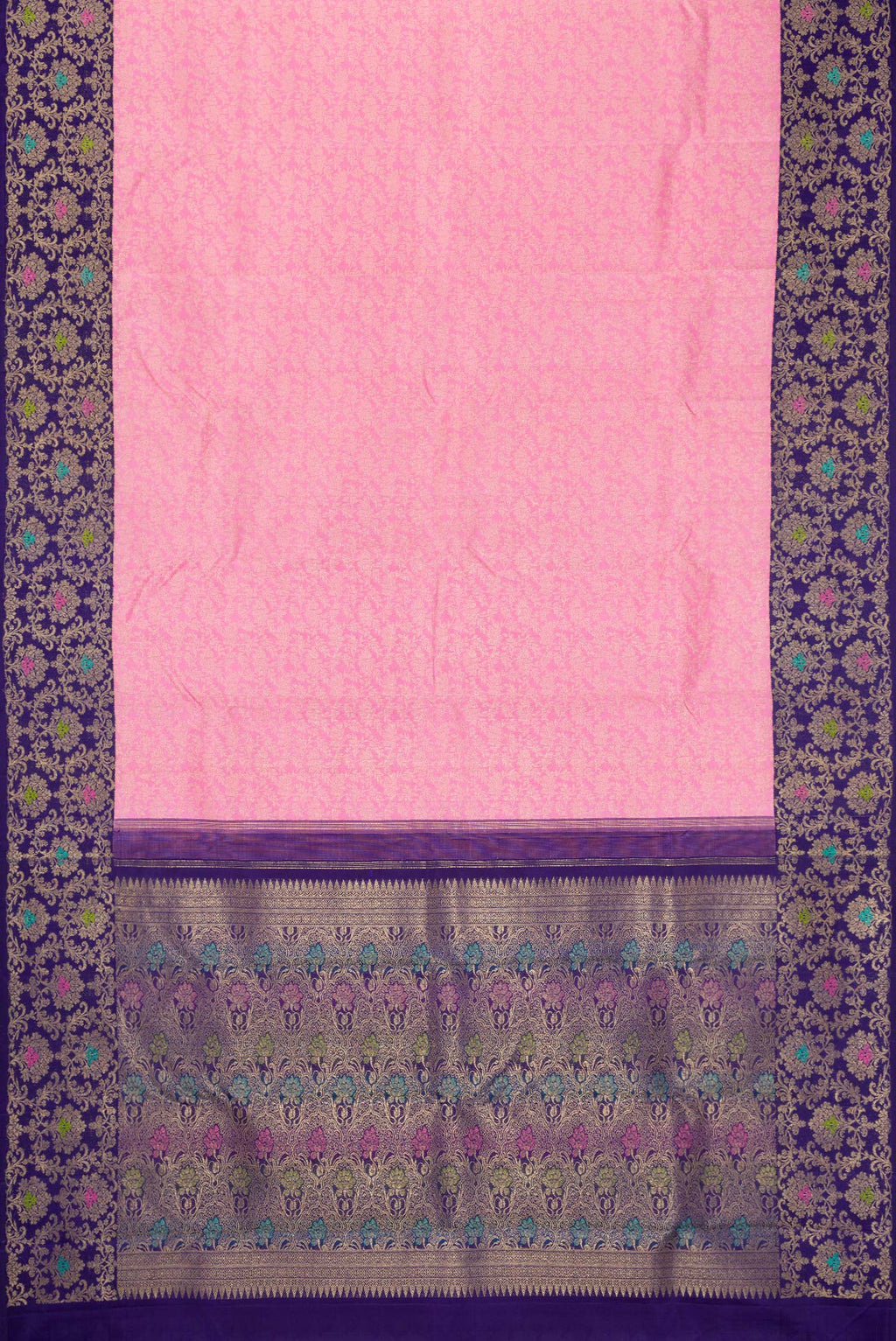 Flat view of Pink Dual Tone Kanchipuram Silk Saree with Zari Brocade on the body and Zari Border. 