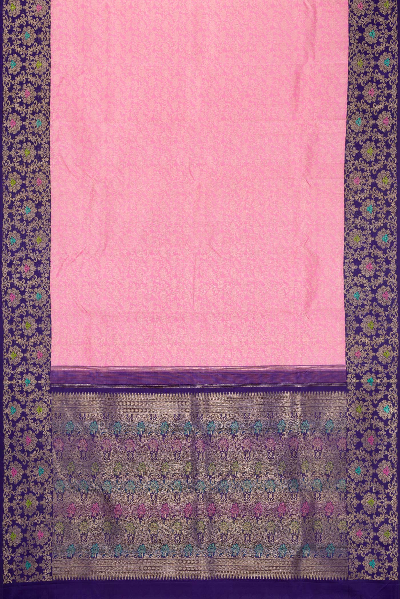 Flat view of Pink Dual Tone Kanchipuram Silk Saree with Zari Brocade on the body and Zari Border. 