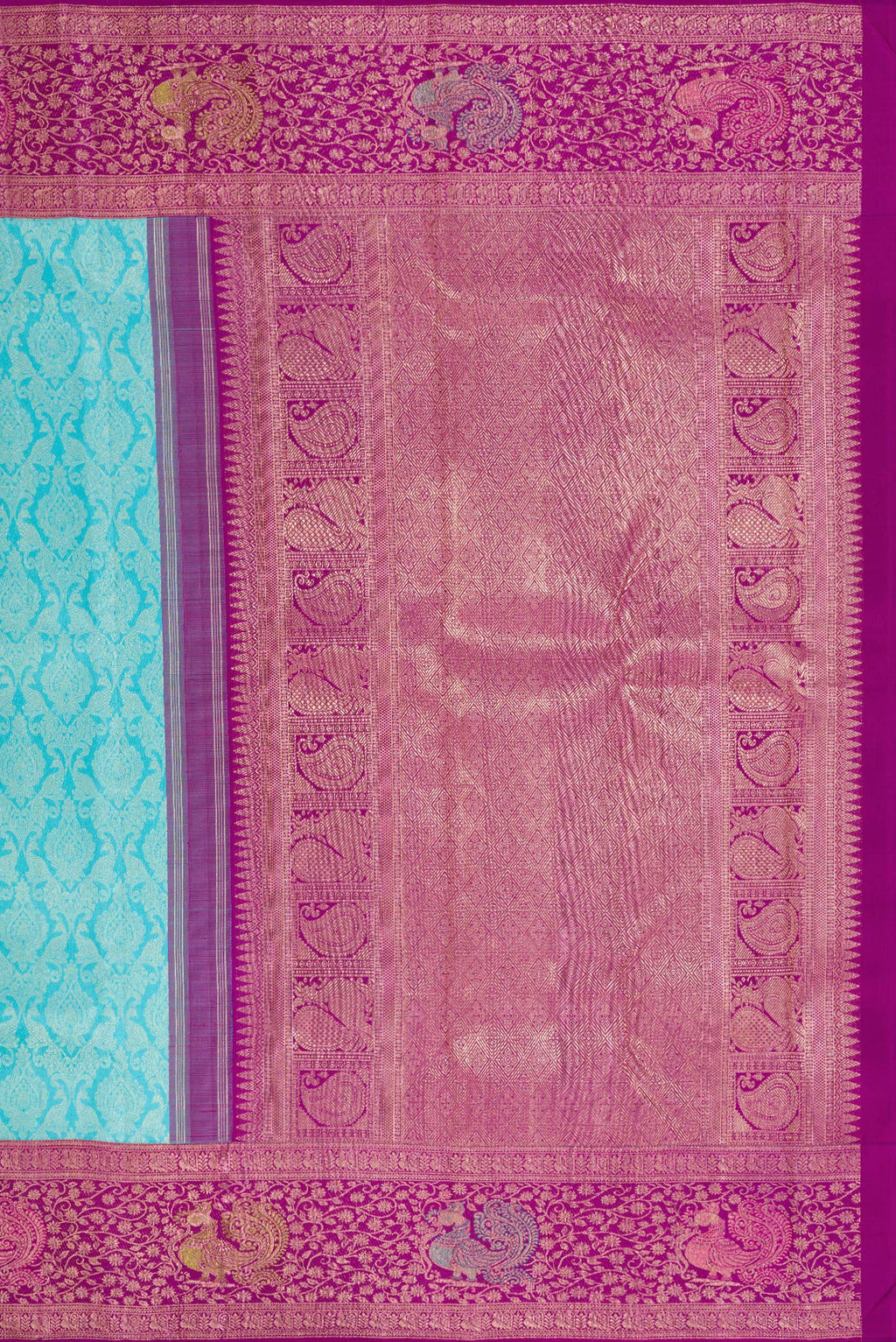 Close up image of the pallu of Sky Blue Dual Tone Kanchipuram Silk Saree with Zari Brocade on the body and Fancy Border. 