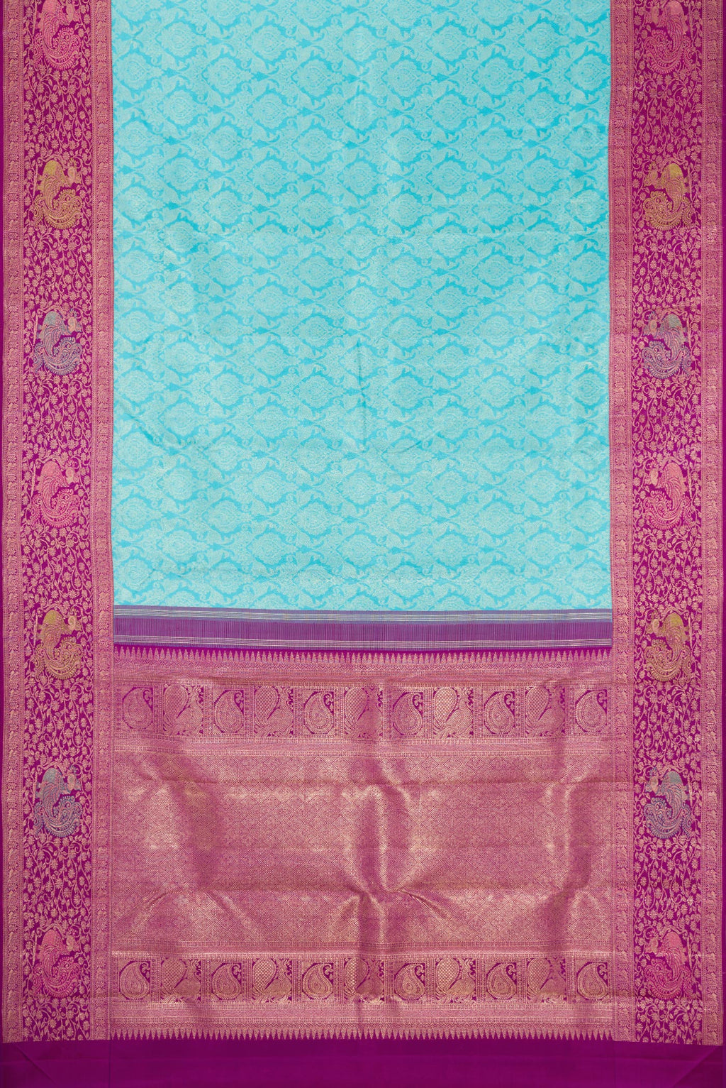 Flat view of Sky Blue Dual Tone Kanchipuram Silk Saree with Zari Brocade on the body and Fancy Border. 