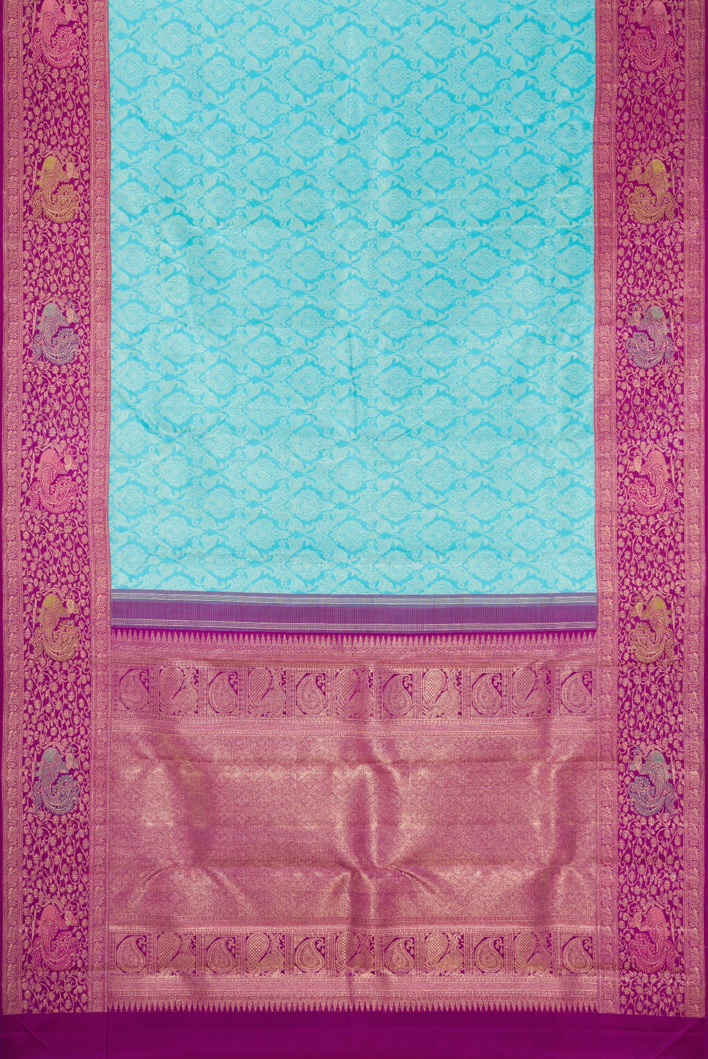 Flat view of Sky Blue Dual Tone Kanchipuram Silk Saree with Zari Brocade on the body and Fancy Border. 