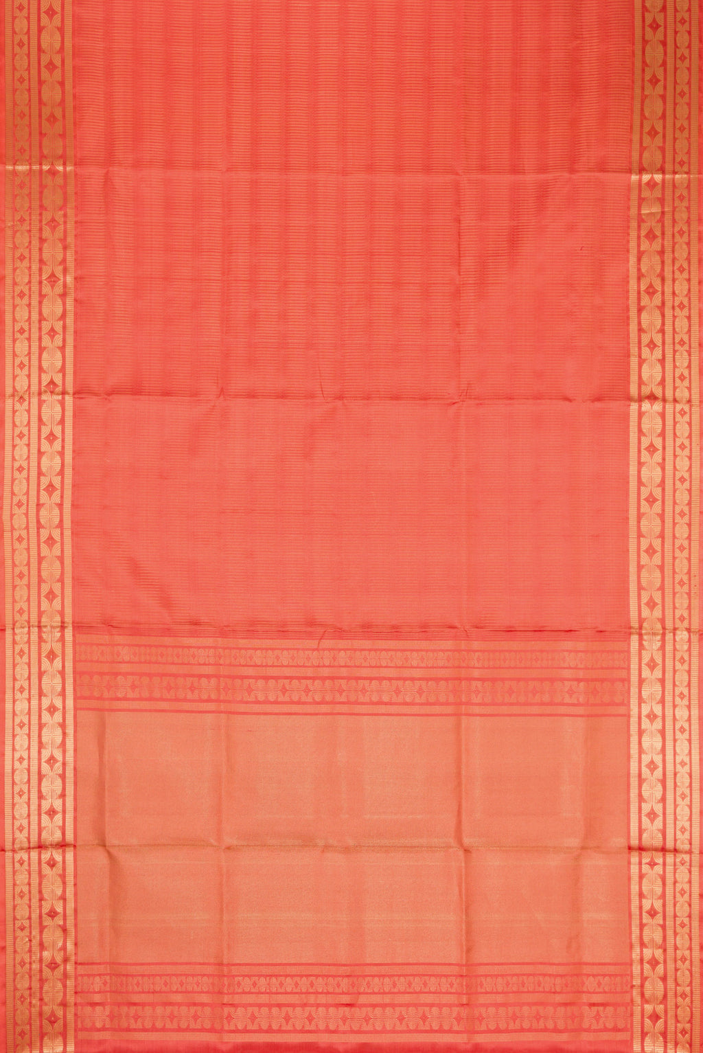 Flat view of Golden Peach Dual Tone Soft Silk Saree with Zari Brocade on the body and Zari Border. 