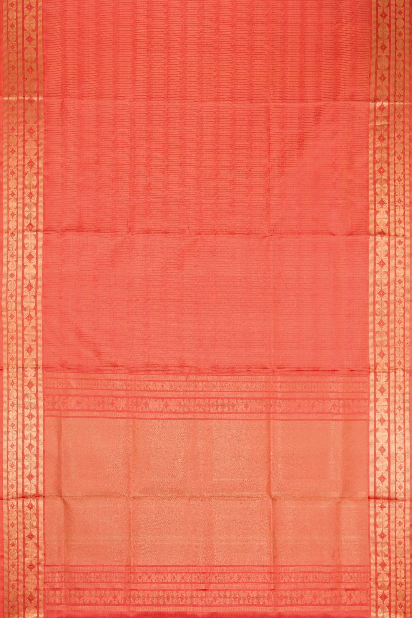 Flat view of Golden Peach Dual Tone Soft Silk Saree with Zari Brocade on the body and Zari Border. 
