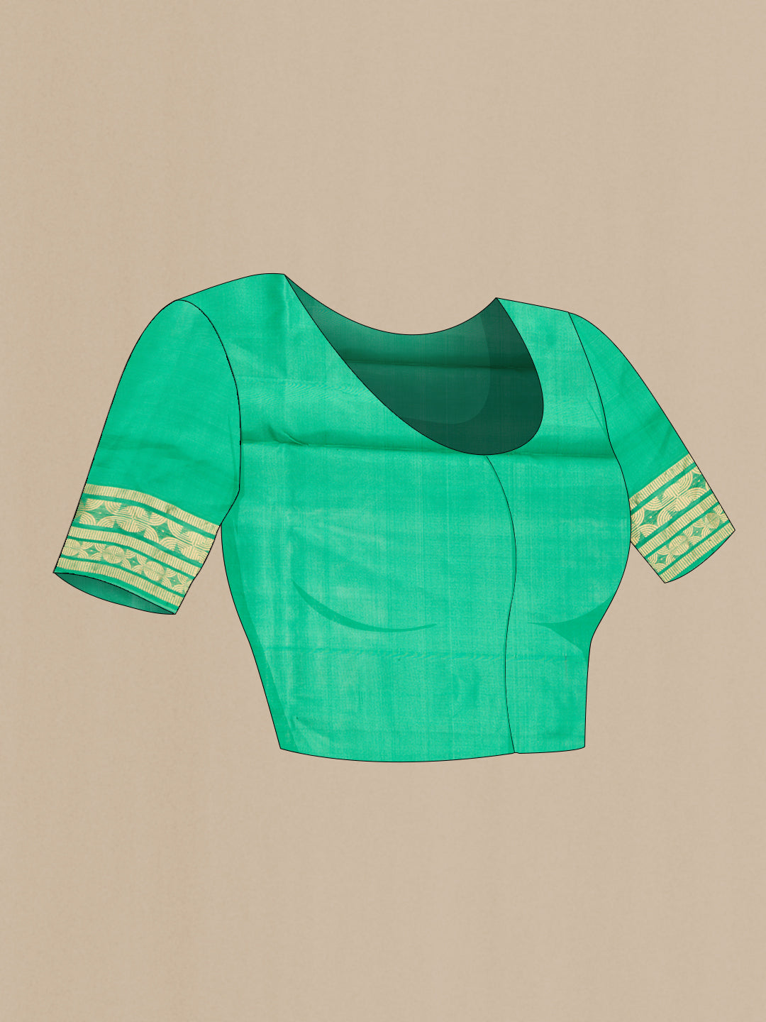 Close up image of the blouse of Green Dual Tone Soft Silk Saree with Zari Butta on the body and Zari Border. 
