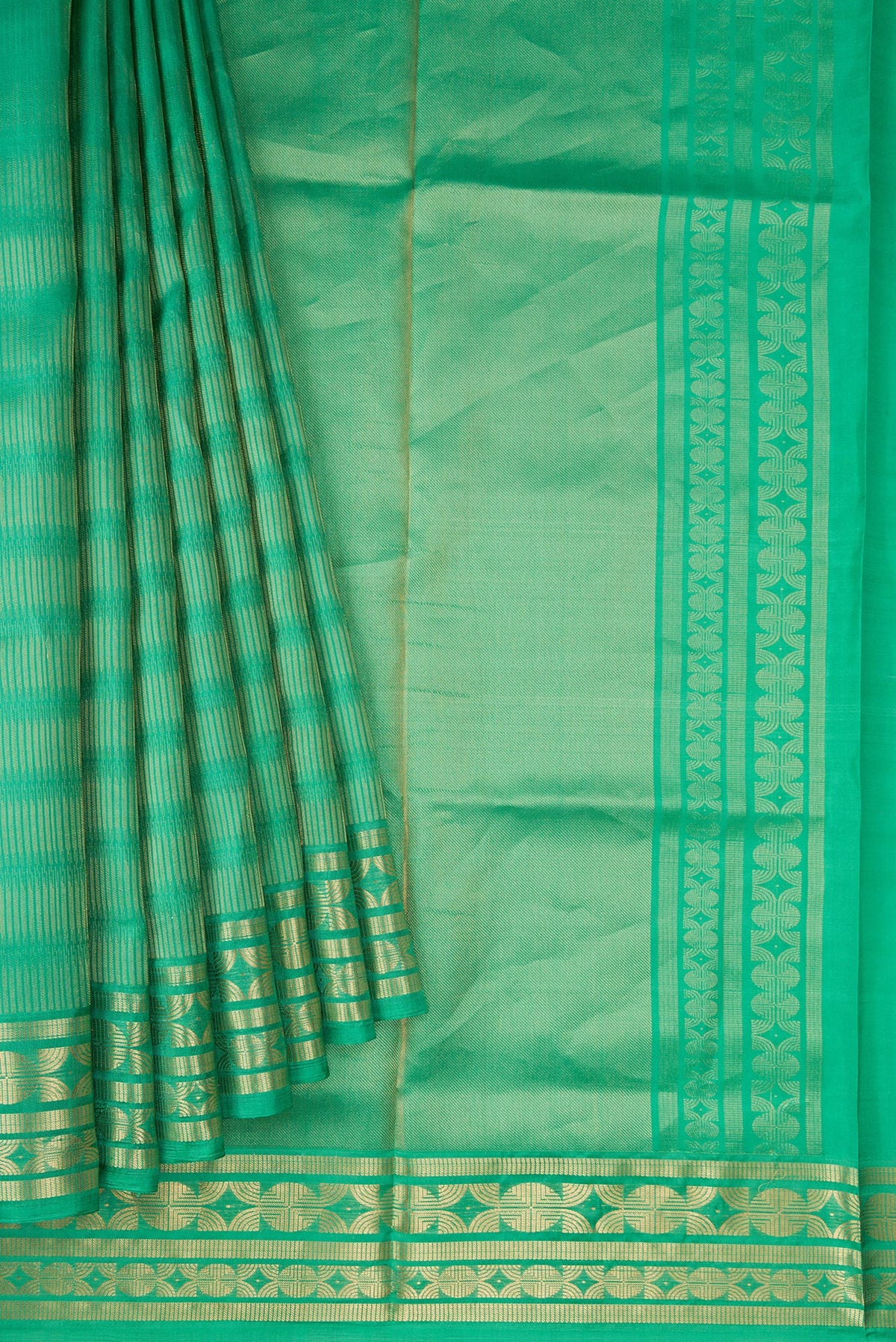 Pleats and pallu of Green Dual Tone Soft Silk Saree with Zari Butta on the body and Zari Border. 