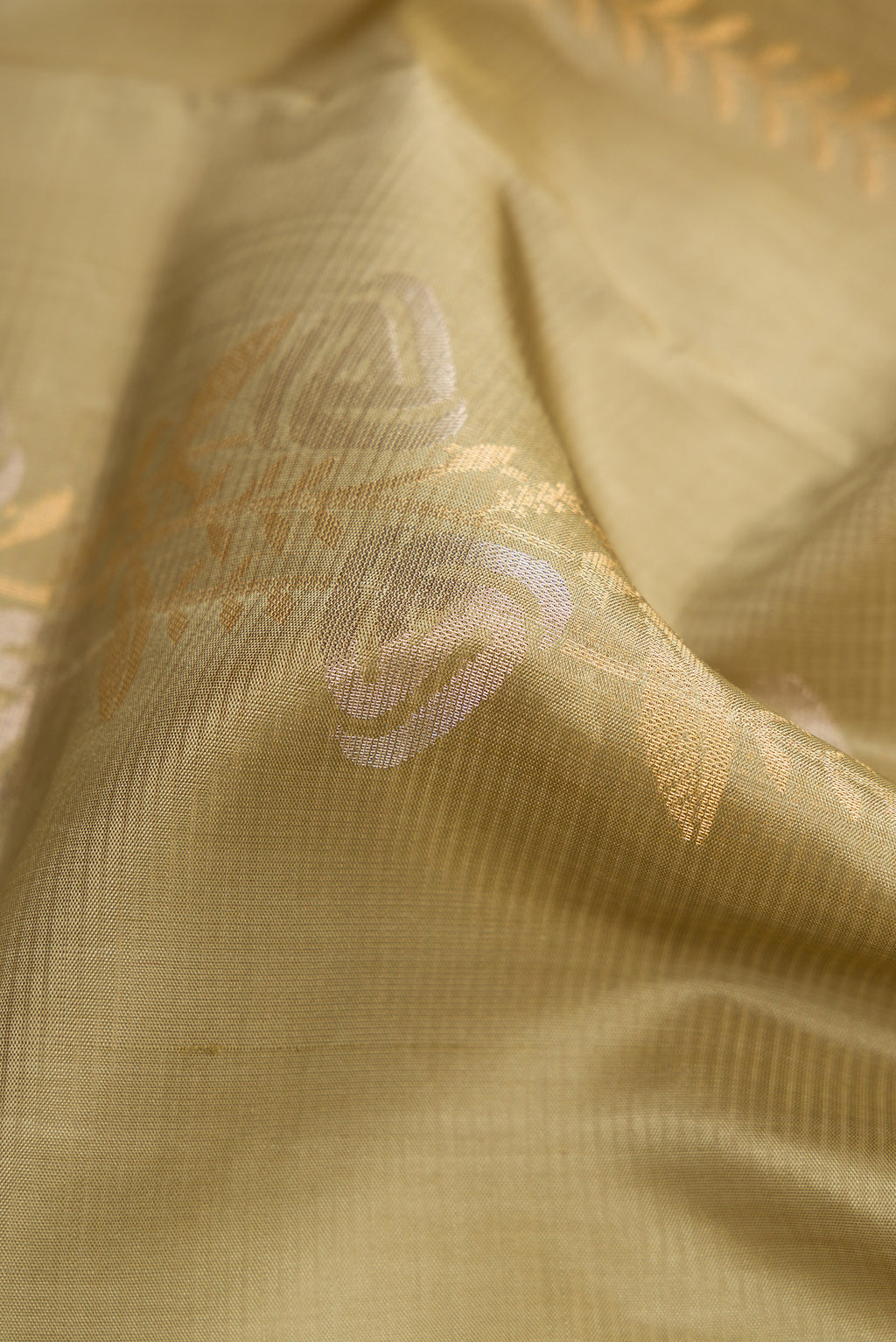 Close up of Pista Green Dual Tone Soft Silk Saree with Zari Butta on the body and Zari Border.  displaying folds