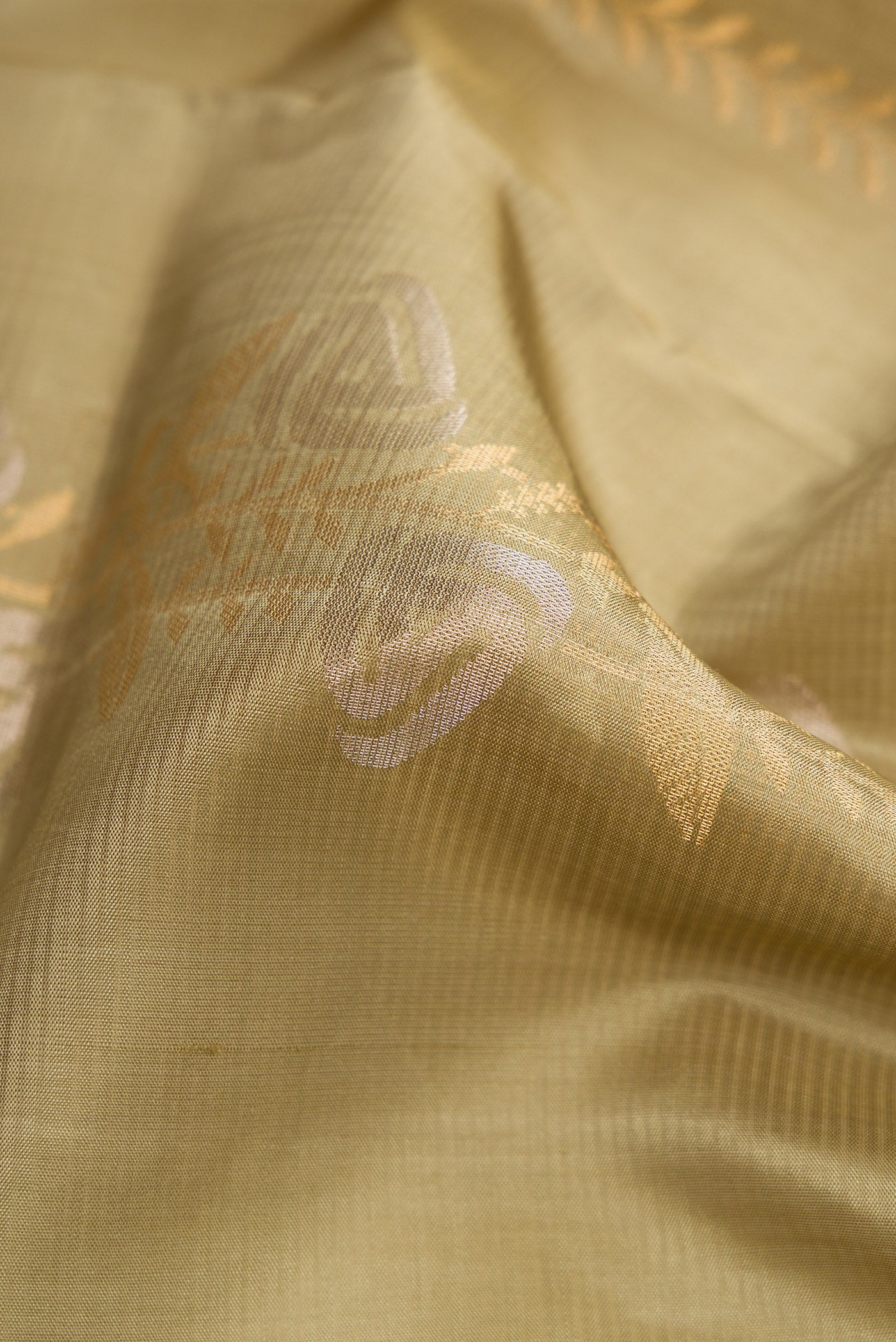 Close up of Pista Green Dual Tone Soft Silk Saree with Zari Butta on the body and Zari Border.  displaying folds