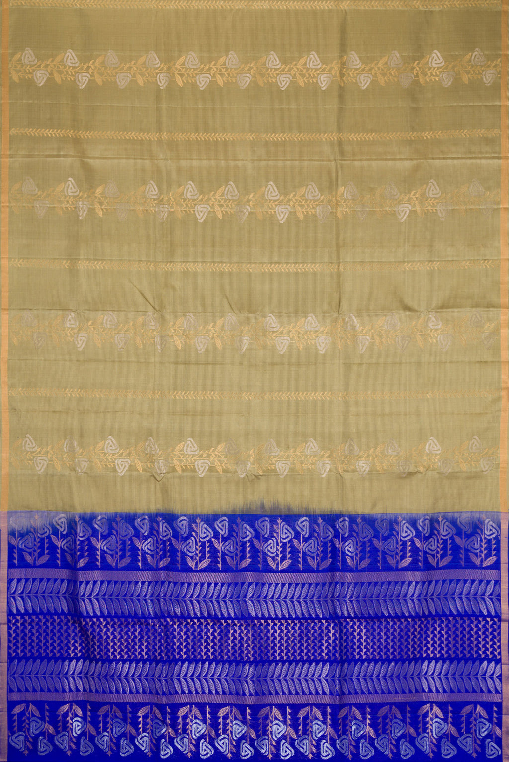 Flat view of Pista Green Dual Tone Soft Silk Saree with Zari Butta on the body and Zari Border. 