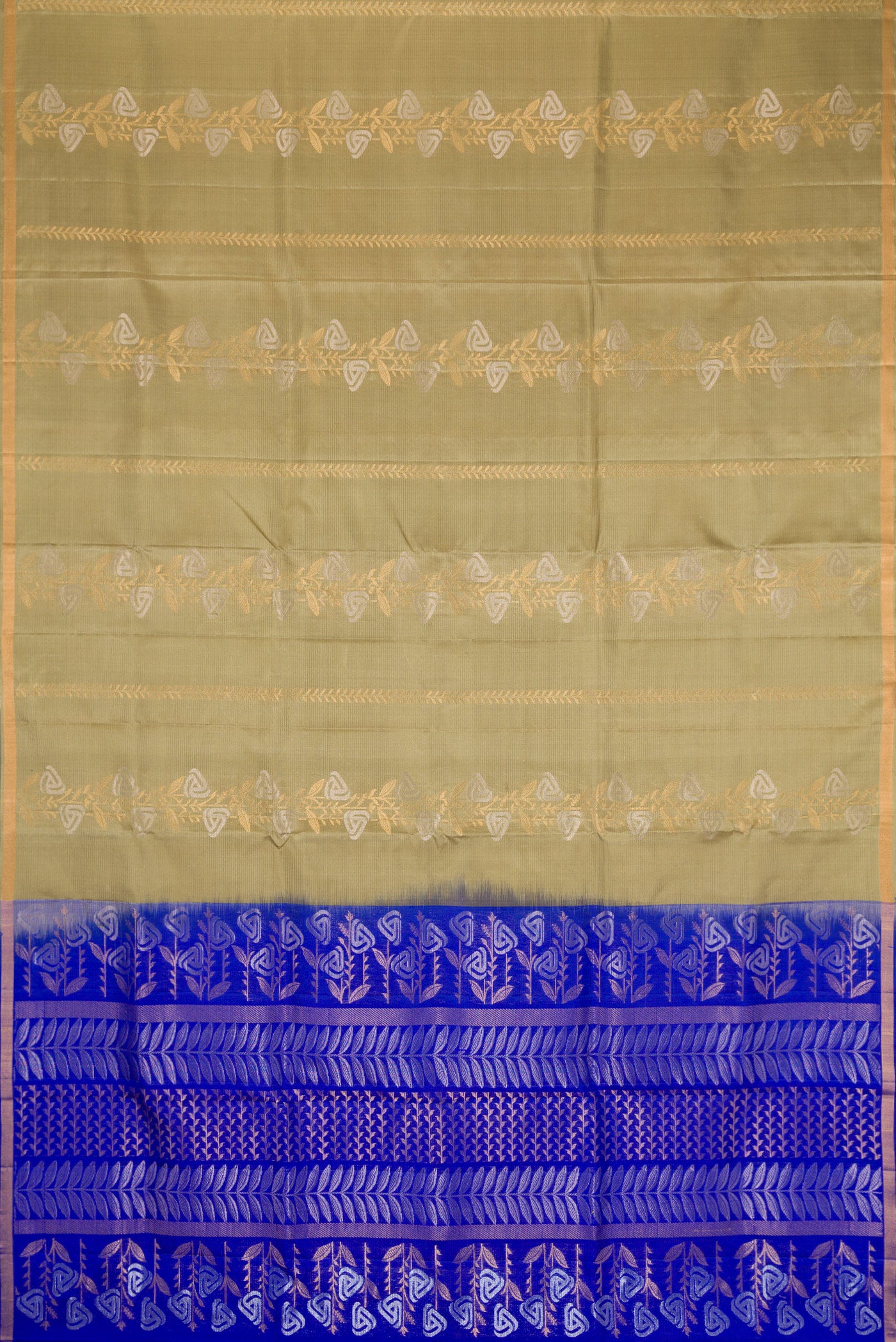 Flat view of Pista Green Dual Tone Soft Silk Saree with Zari Butta on the body and Zari Border. 