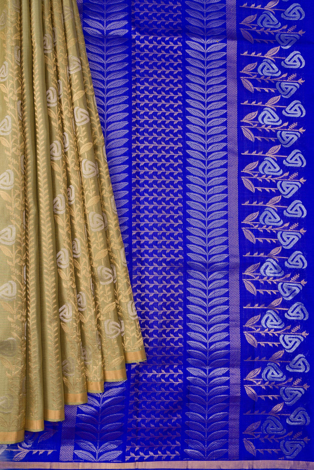 Pleats and pallu of Pista Green Dual Tone Soft Silk Saree with Zari Butta on the body and Zari Border. 