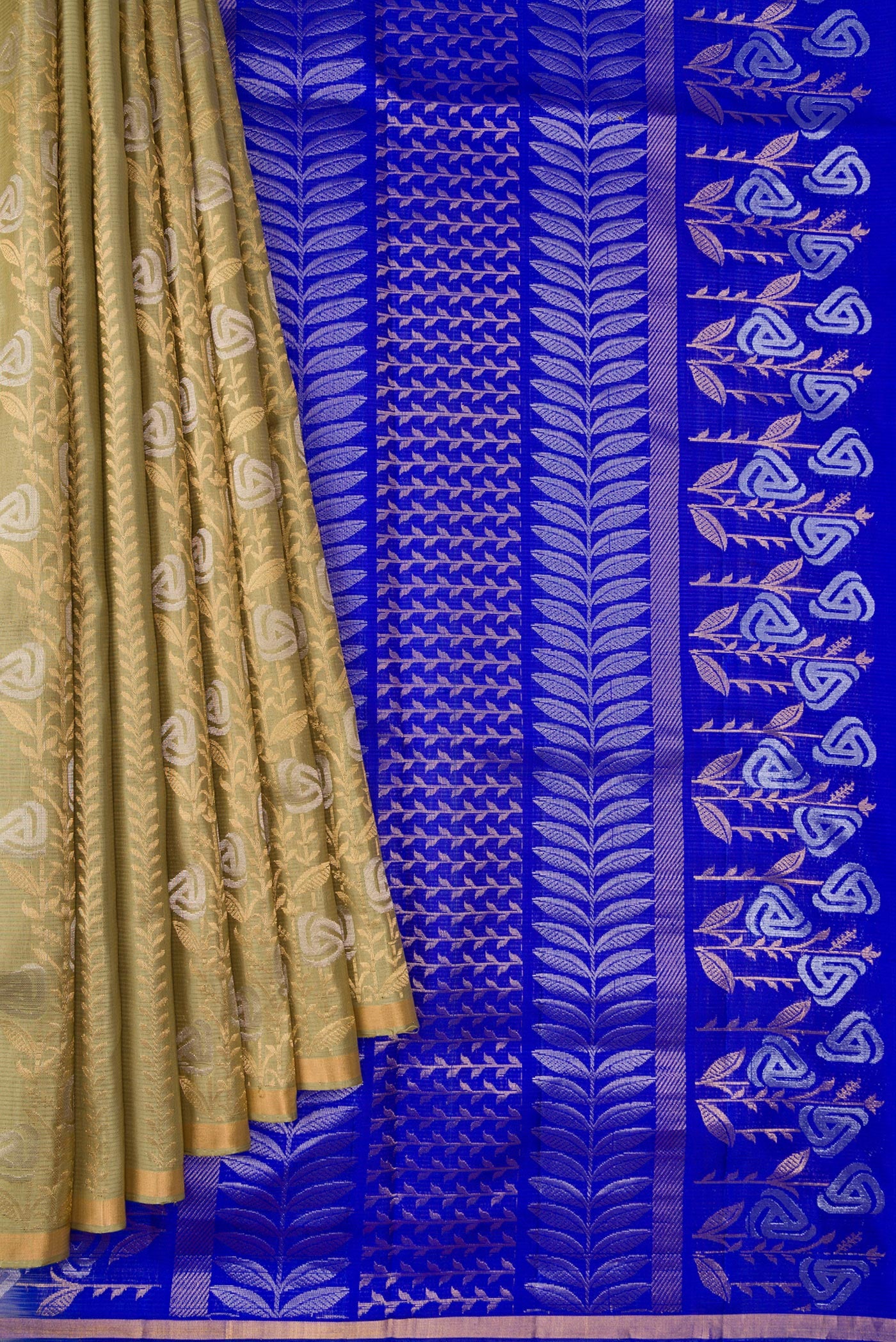 Pleats and pallu of Pista Green Dual Tone Soft Silk Saree with Zari Butta on the body and Zari Border. 