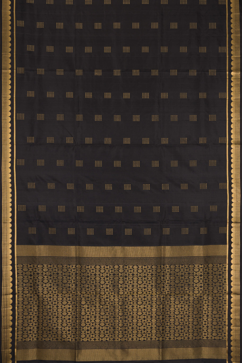 Flat view of Black Dual Tone Soft Silk Saree with Zari Butta on the body and Zari Border. 