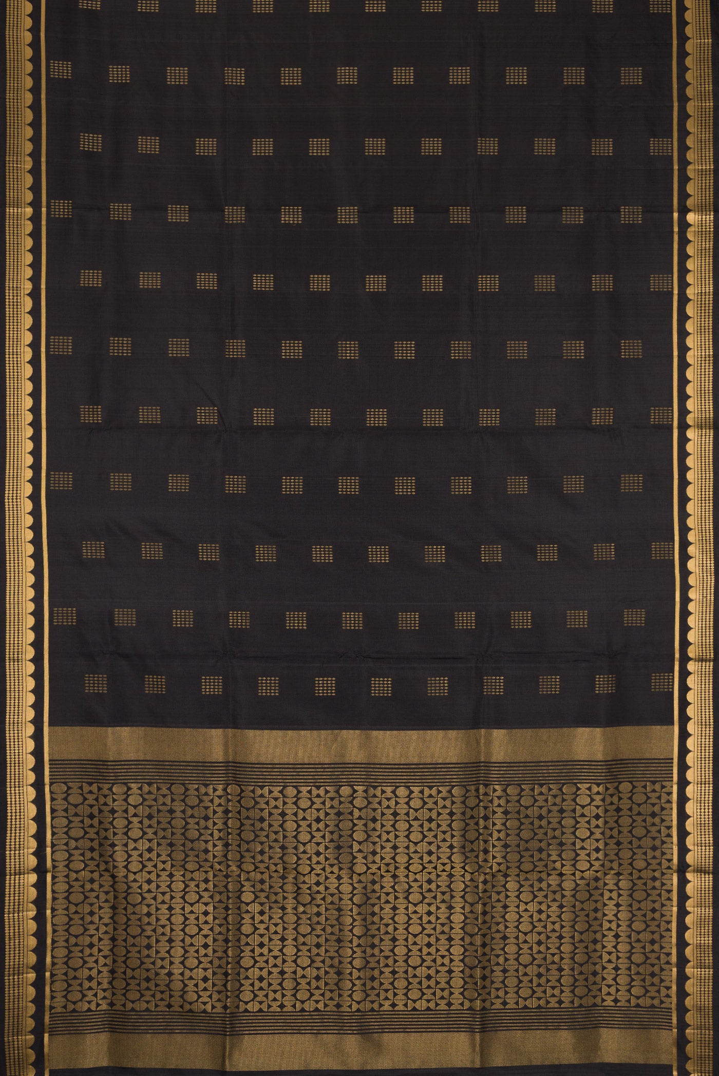 Flat view of Black Dual Tone Soft Silk Saree with Zari Butta on the body and Zari Border. 
