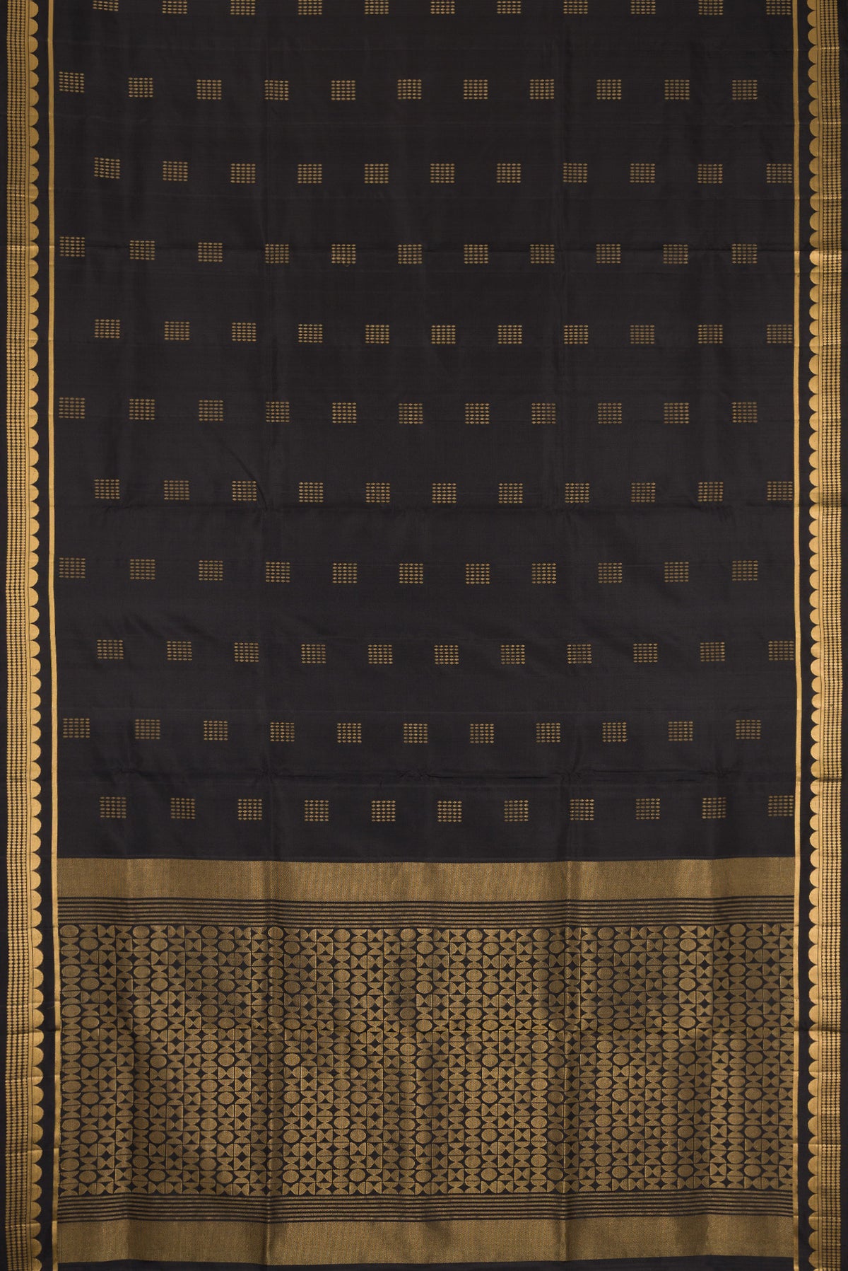 Flat view of Black Dual Tone Soft Silk Saree with Zari Butta on the body and Zari Border. 