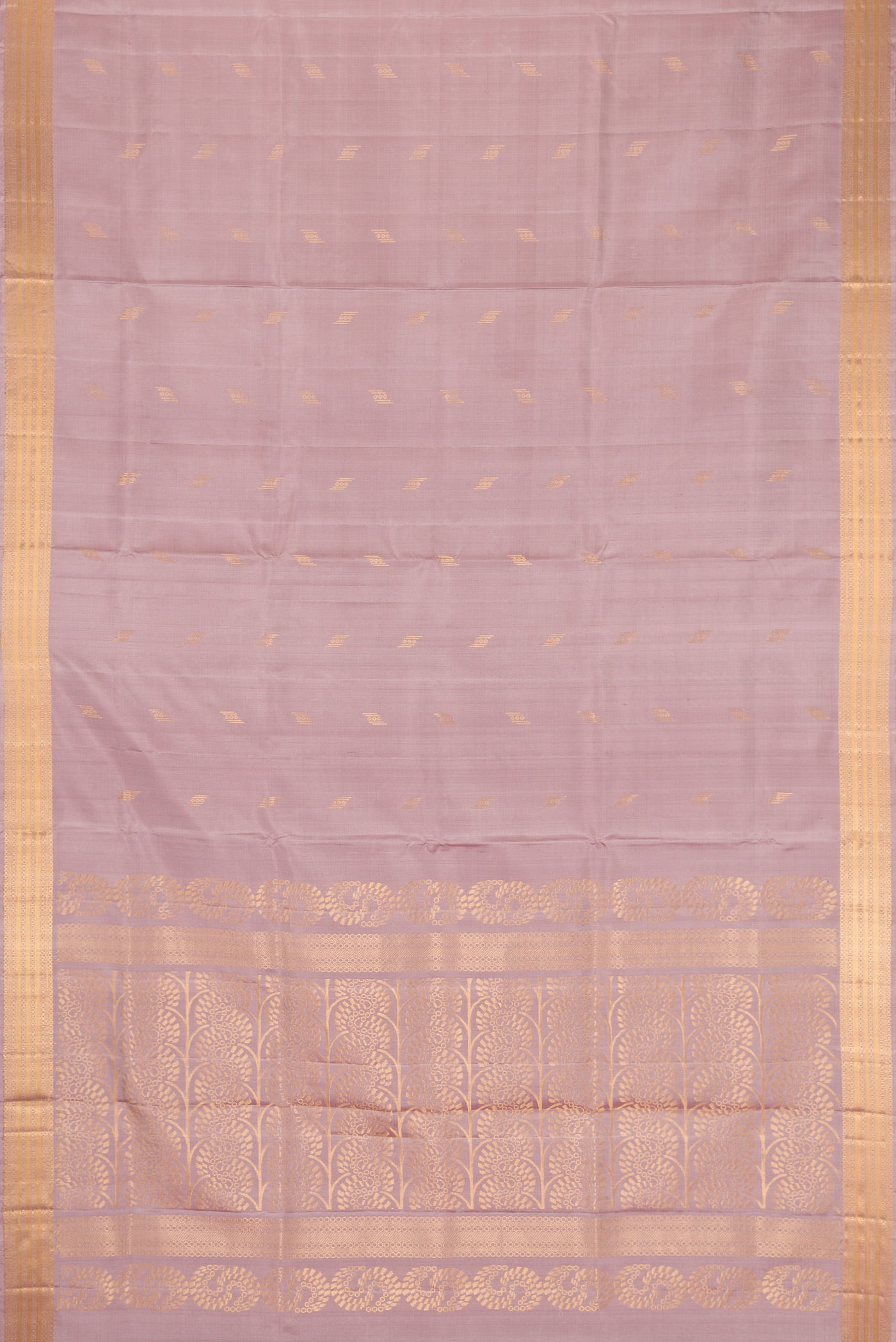 Flat view of Brown Dual Tone Soft Silk Saree with Zari Butta on the body and Zari Border. 