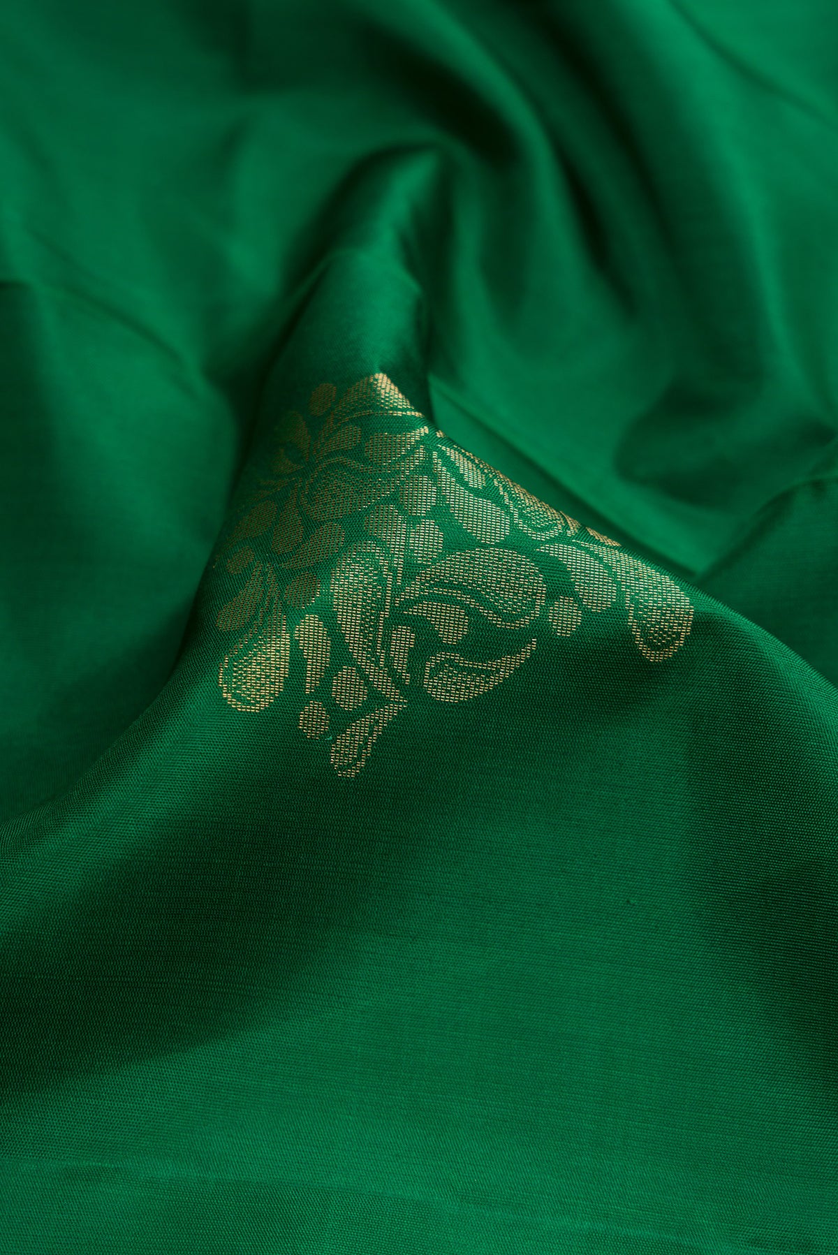 Close up of Bottle Green Dual Tone Soft Silk Saree with Zari Butta on the body and Zari Border.  displaying folds