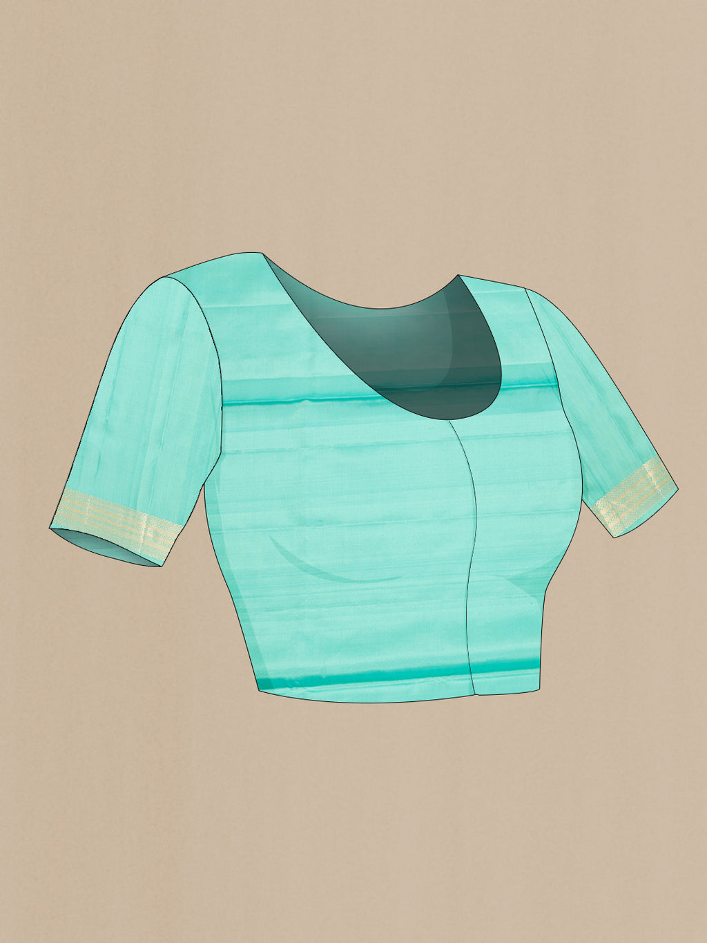 Close up image of the blouse of Pure Silk Sea Green Soft Saree with Zari Butta on the body and Zari Border. 