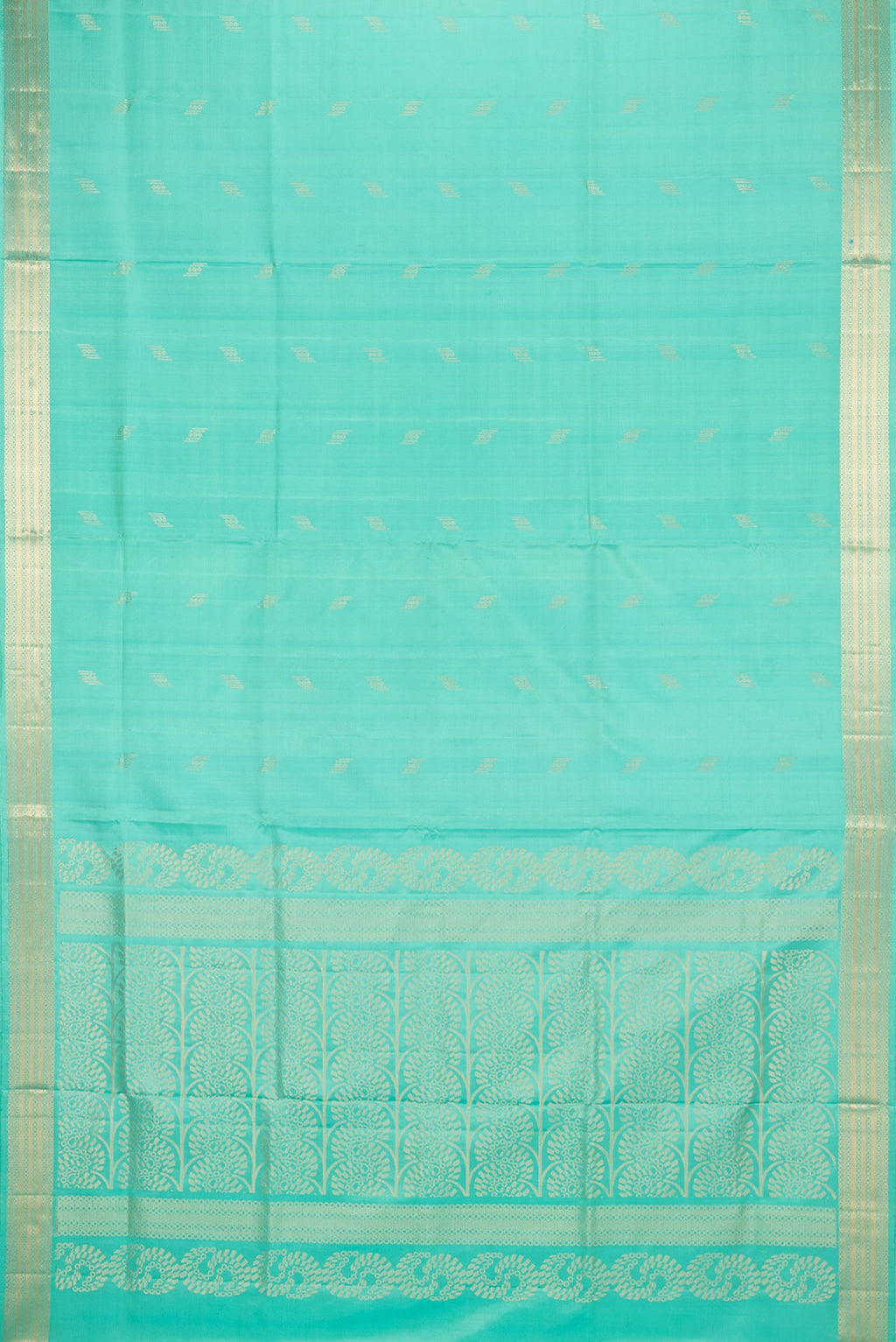Flat view of Pure Silk Sea Green Soft Saree with Zari Butta on the body and Zari Border. 