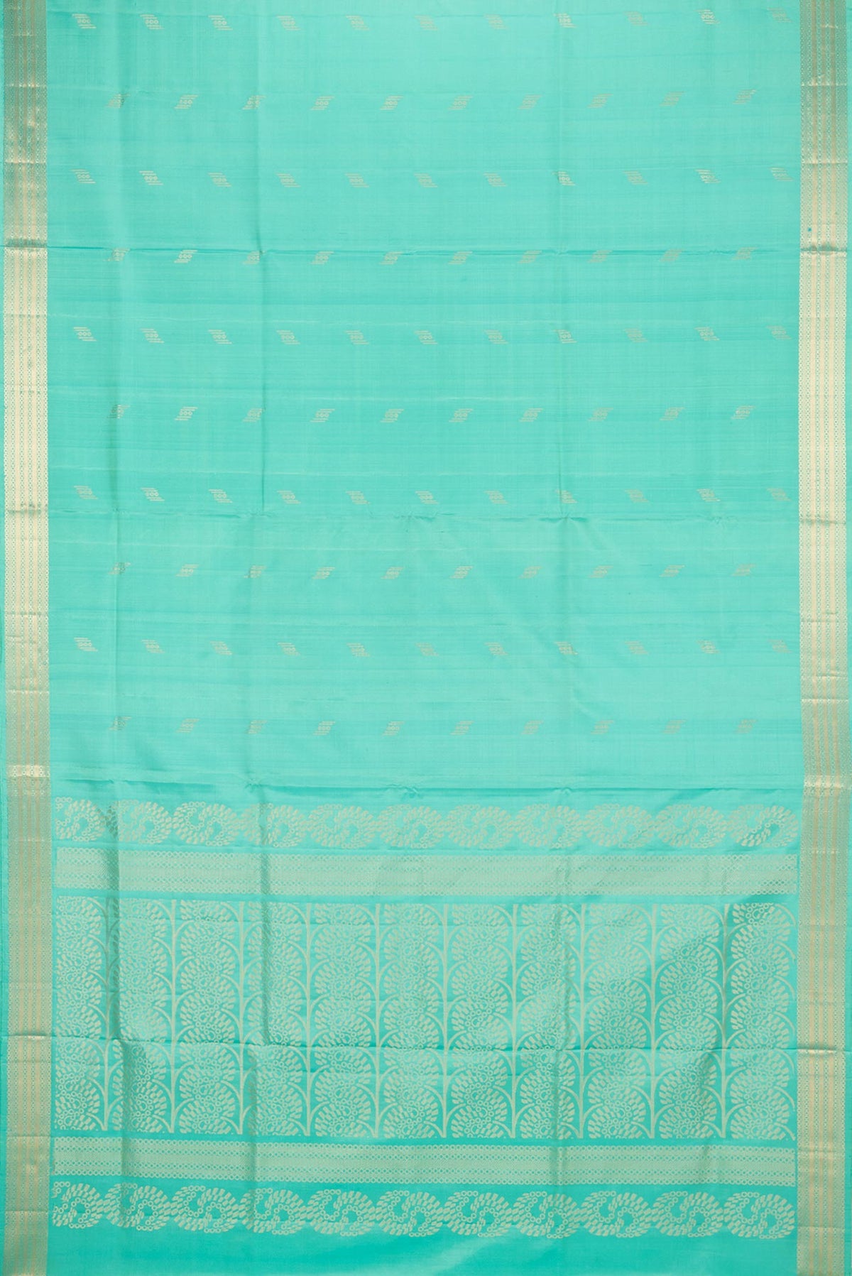 Flat view of Pure Silk Sea Green Soft Saree with Zari Butta on the body and Zari Border. 