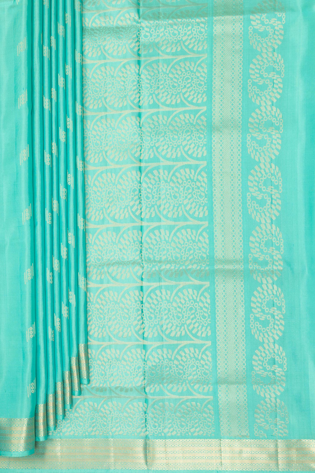 Pleats and pallu of Pure Silk Sea Green Soft Saree with Zari Butta on the body and Zari Border. 