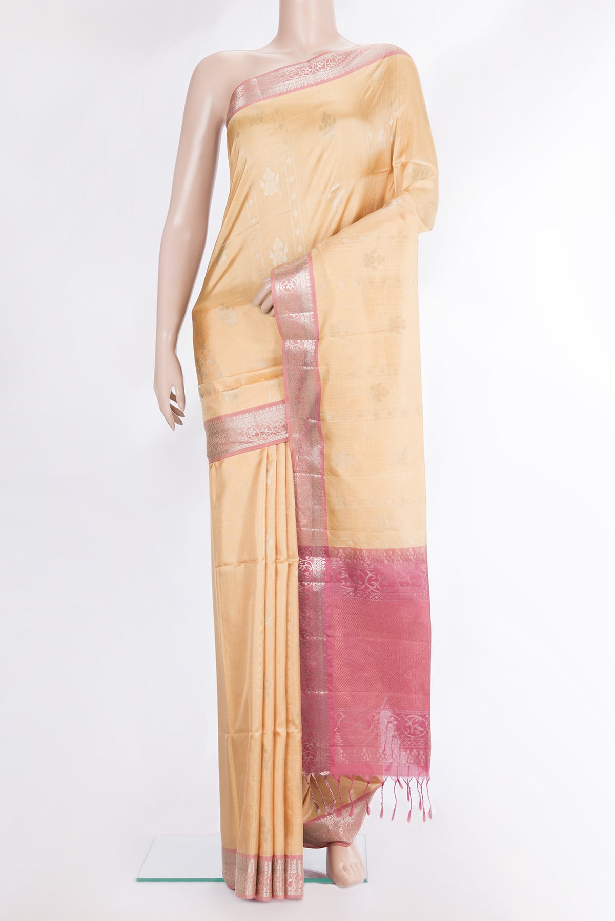 Pure Silk Sandal Dual Tone Soft Saree with Zari Butta on the body and Fancy Border.  displayed on a mannequin