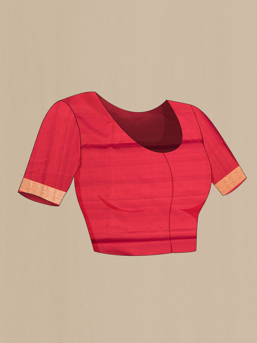 Close up image of the blouse of Pure Silk Red Soft Saree with Zari Butta on the body and Zari Border. 