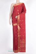 Pure Silk Red Soft Saree with Zari Butta on the body and Zari Border.  displayed on a mannequin