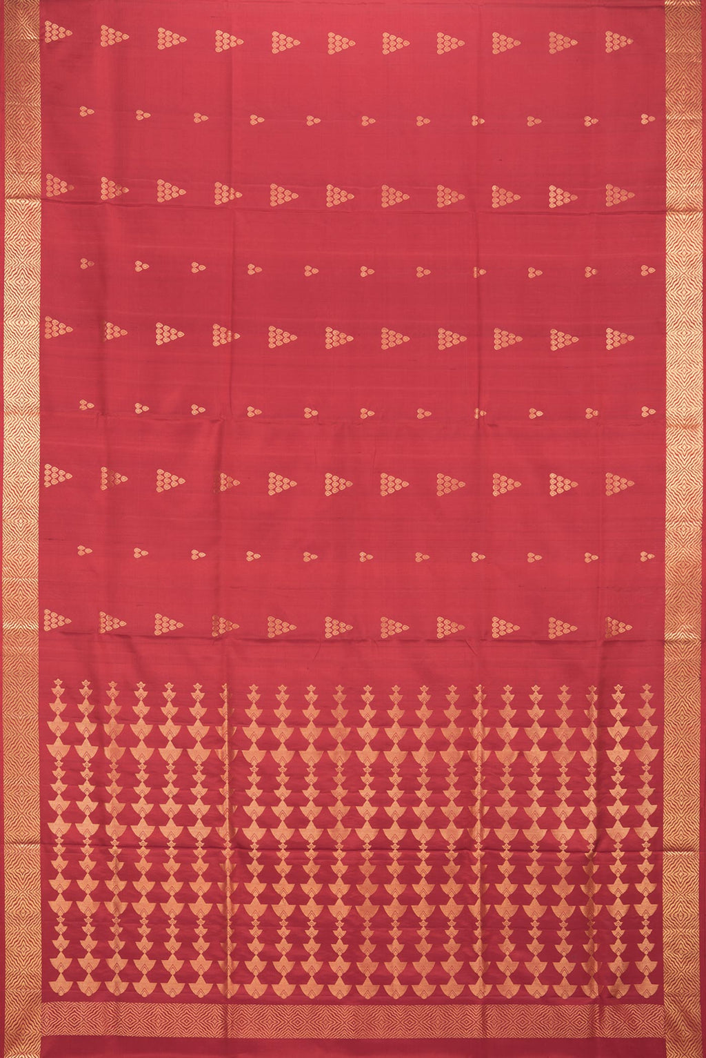 Flat view of Pure Silk Red Soft Saree with Zari Butta on the body and Zari Border. 