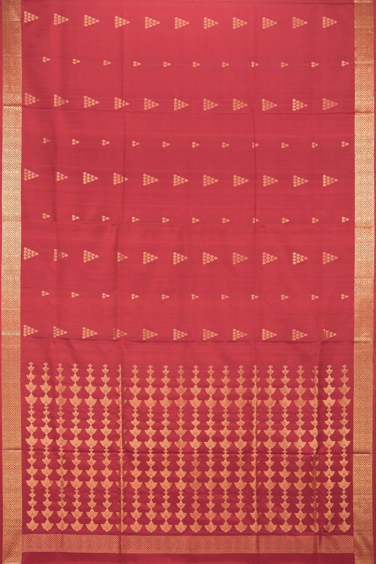 Flat view of Pure Silk Red Soft Saree with Zari Butta on the body and Zari Border. 