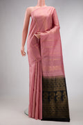 Rose Gold Dual Tone Soft Silk Saree with Stripes on the body and Without Border.  displayed on a mannequin