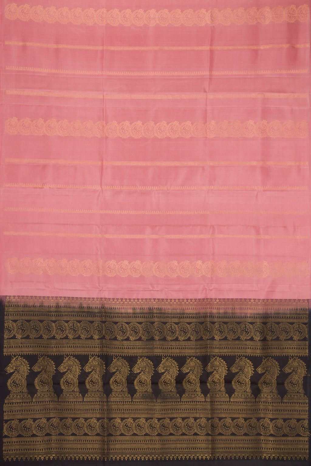 Flat view of Rose Gold Dual Tone Soft Silk Saree with Stripes on the body and Without Border. 