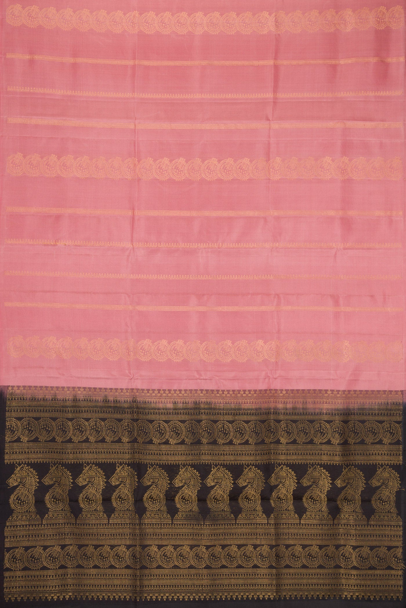 Flat view of Rose Gold Dual Tone Soft Silk Saree with Stripes on the body and Without Border. 