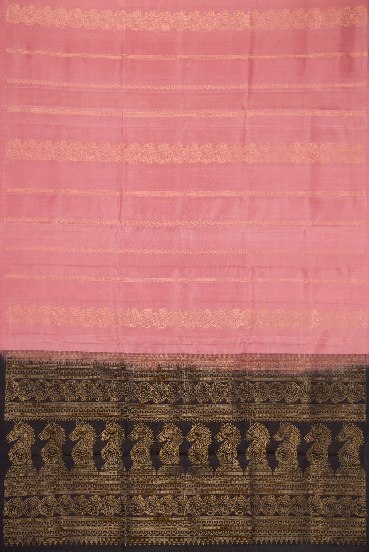 Flat view of Rose Gold Dual Tone Soft Silk Saree with Stripes on the body and Without Border. 