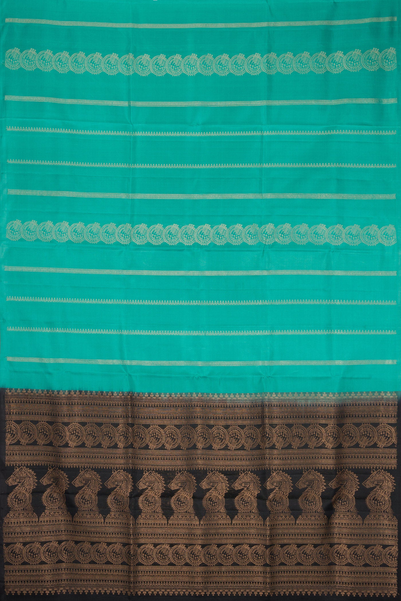 Flat view of Sea Green Dual Tone Soft Silk Saree with Stripes on the body and Without Border. 
