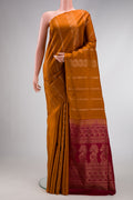 Mustard Dual Tone Soft Silk Saree with Stripes on the body and Without Border.  displayed on a mannequin