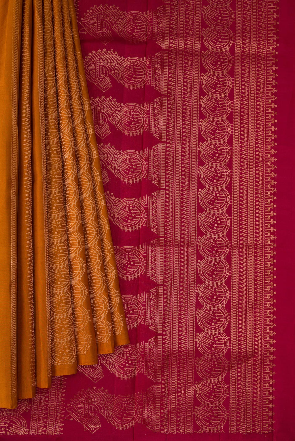 Pleats and pallu of Mustard Dual Tone Soft Silk Saree with Stripes on the body and Without Border. 