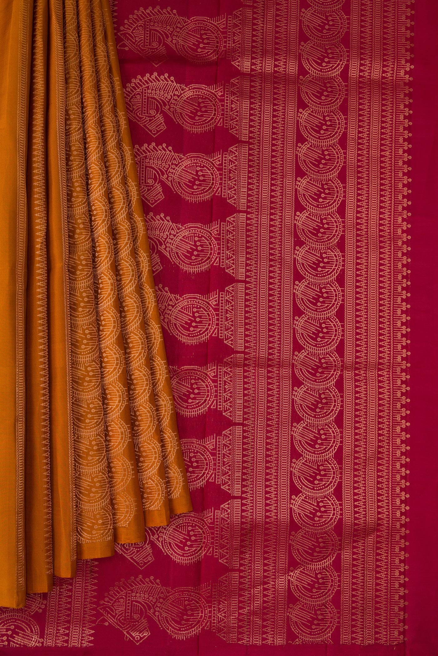 Pleats and pallu of Mustard Dual Tone Soft Silk Saree with Stripes on the body and Without Border. 