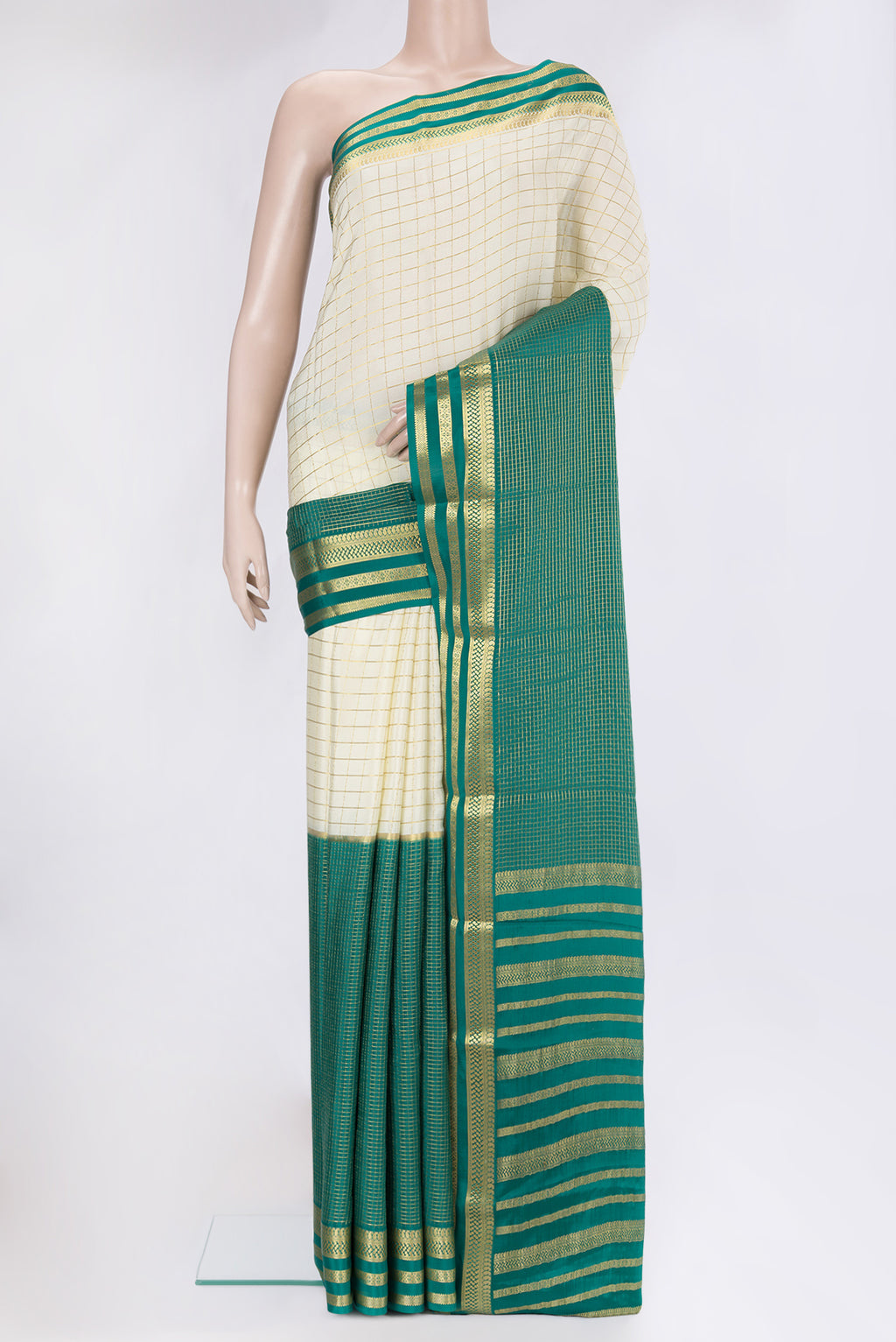 Multi Color Mysore Silk Saree with Half And Half on the body and Zari Border.  displayed on a mannequin
