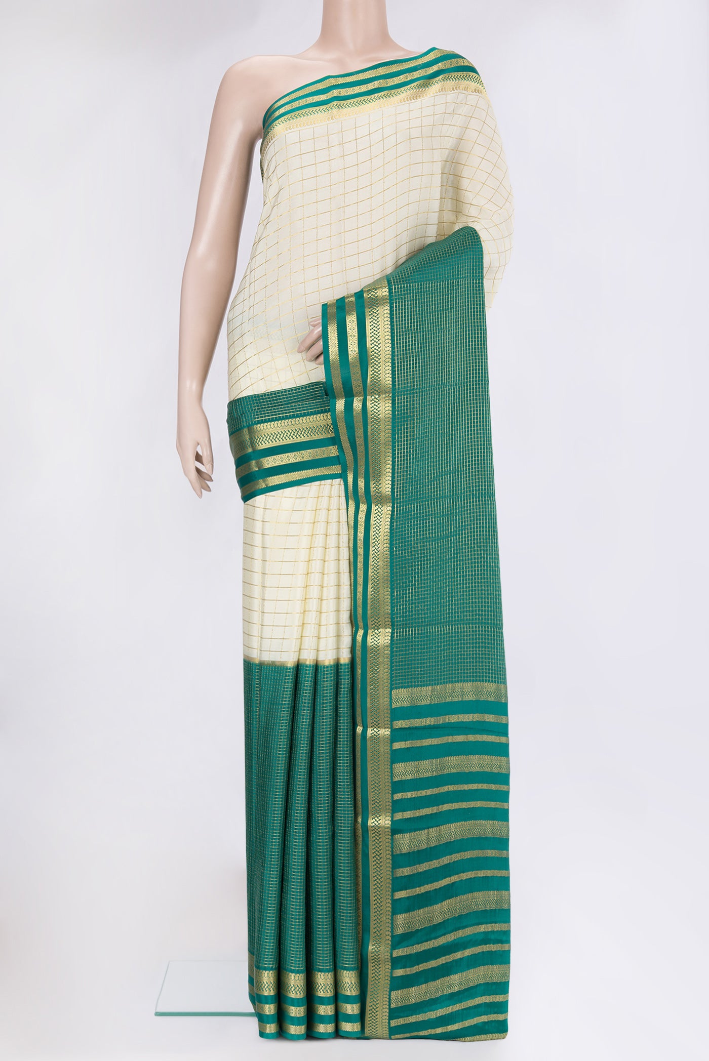 Multi Color Mysore Silk Saree with Half And Half on the body and Zari Border.  displayed on a mannequin