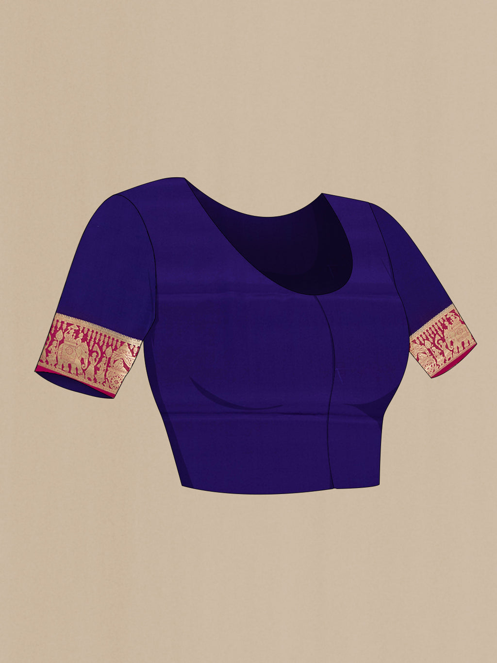 Close up image of the blouse of Dark Pink Mysore Silk Saree with Zari Butta on the body and Zari Border. 